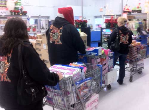 Shopping carts loaded with Toys for Christmas toy Drives.